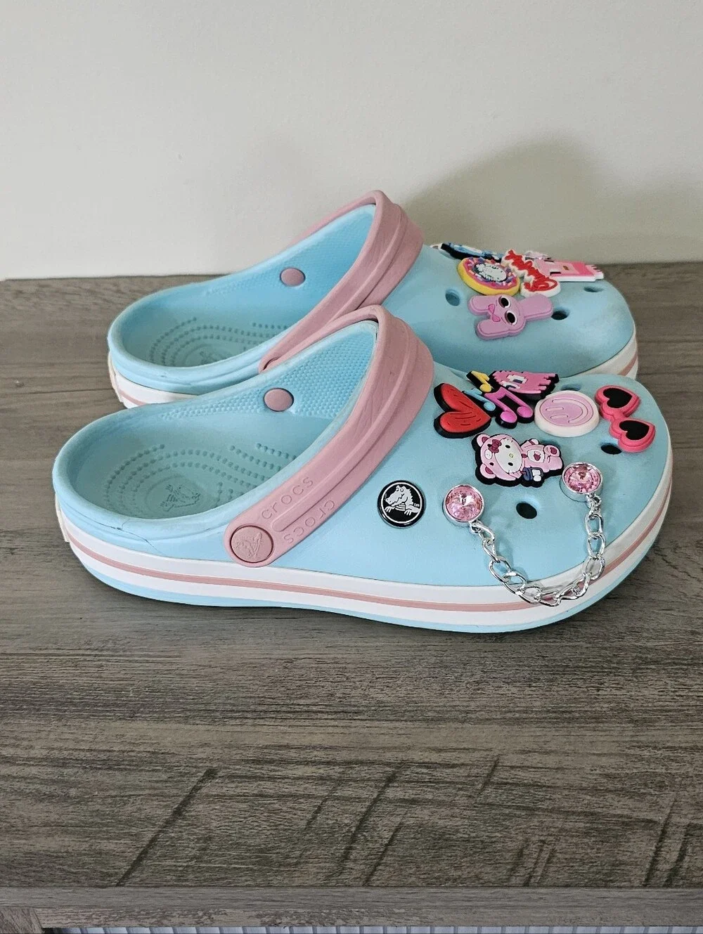 CROCS Kid Light Blue Clog Sandal Pink Trim Charms Girl J 3 Hello Kitty Minecraft
